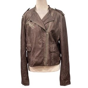 Black Rivet Brown Moto Jacket Large Faux distressed Leather Biker Y2K